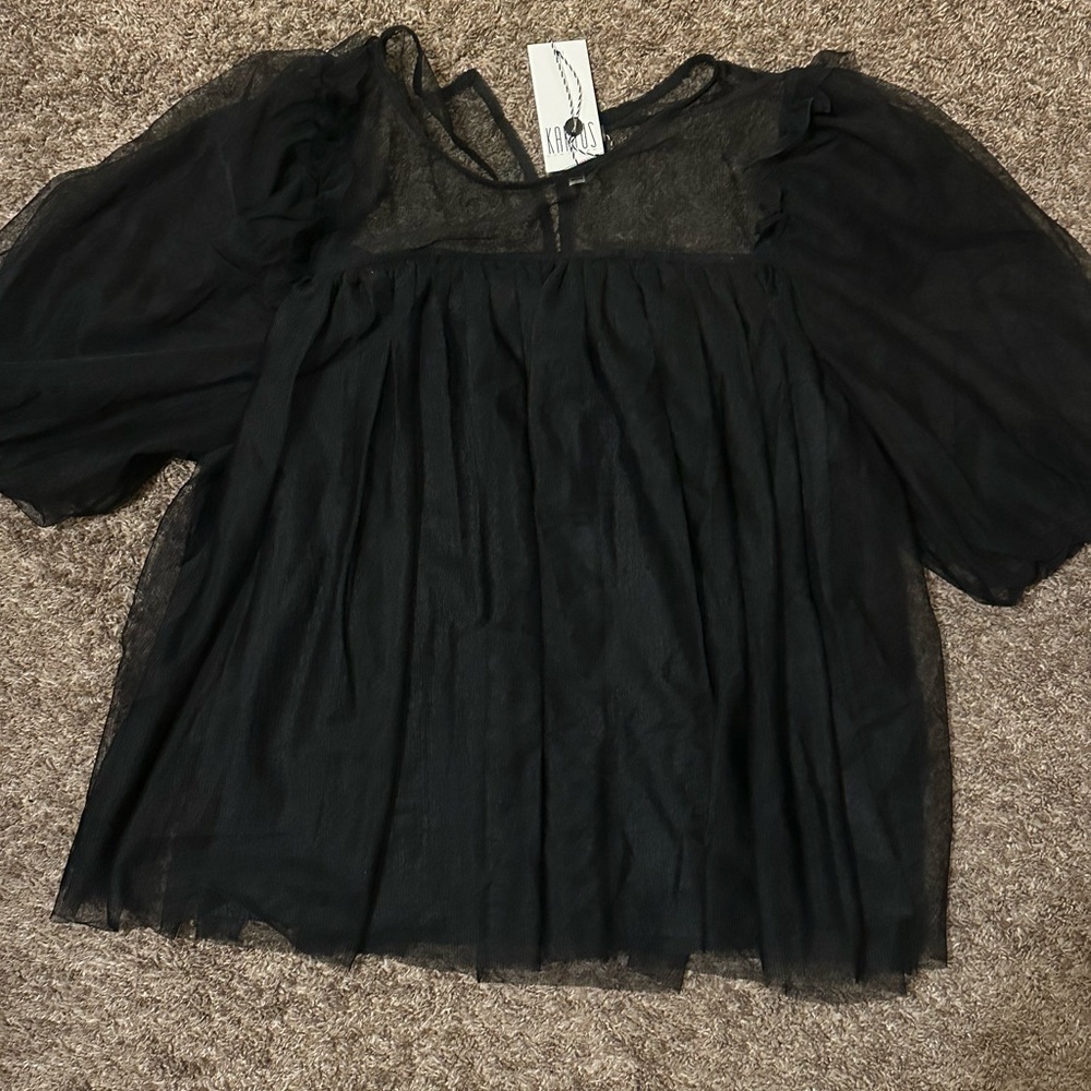 Black Sheer Puff Sleeve Blouse